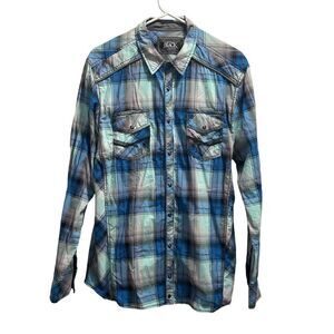 Men’s Buckle Black Athletic Fit Blue Plaid Button Down Shirt Sz.L